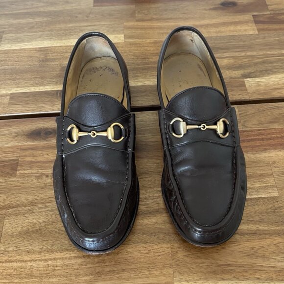 VTG Gucci Horsebit Shoes Mens 42 1/2D Brown Leather Old Money Classic*FLAWS READ - Picture 1 of 16